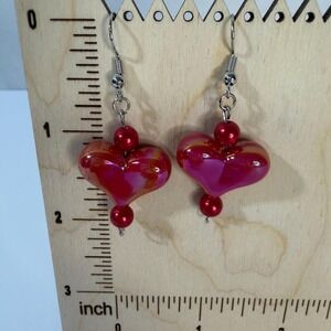 Hand Assembled‎ Red Glass Heart Dangle Earrings